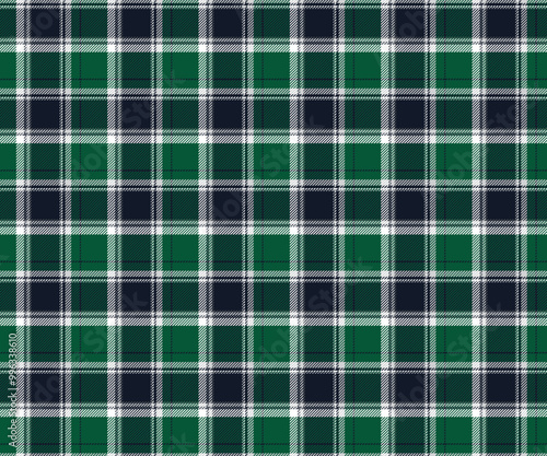 Plaid fabric pattern, navy, green, white, striking fresh natural checkered lines, seamless for textiles, and for designing clothes, skirts, pants or decorative fabrics. Vector illustration.