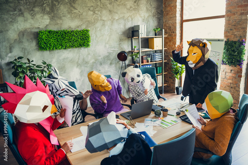 Photo of rooster gorilla sloth panda zebra raccoon mask people listen lion king boss meeting loft interior office indoors