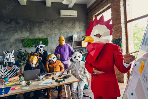 Photo of panda rooster gorilla lion sloth zebra raccoon mask business people project presentation loft interior office indoors