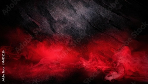 Abstract Red Smoke Rising Against a Dark Black Textured Background. Fiery, Dramatic Atmosphere Symbolizing Intensity, Mystery, and Danger in Bold Red and Black Hues