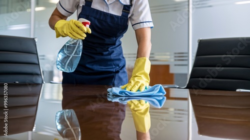 Office Cleaning Staff Sanitizing Conference Table. A dedicated cleaning professional in a blue uniform and yellow gloves meticulously cleans a glass table in a contemporary office setting. 