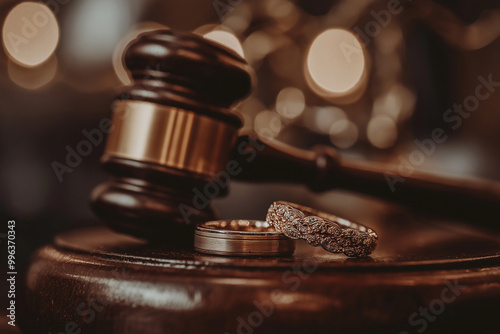 Judge gavel and two wedding rings. Divorce and separation concept, end of relationships, marriage annulment, divorce process, division of property, family law