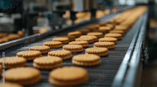 Na taśmie produkcyjnej ciasteczka delikatnie toczą się po linii, równomiernie ułożone i starannie wypieczone.