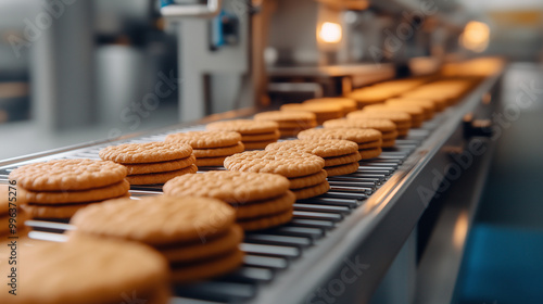 Na taśmie produkcyjnej ciasteczka delikatnie toczą się po linii, równomiernie ułożone i starannie wypieczone.