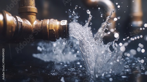 Damaged heating system pipes with water splashing out