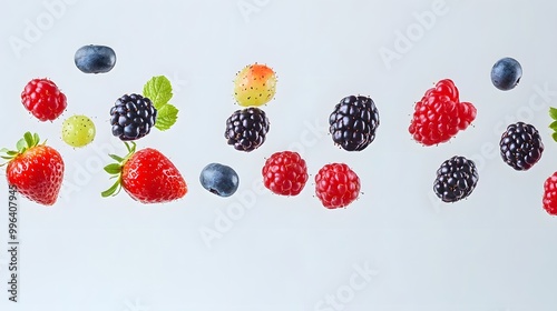 Berries in various stages of freefall against a white backdrop