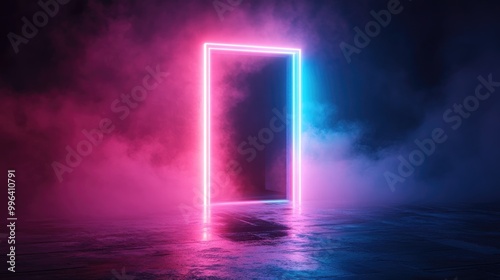 An abstract composition showcasing a doorway illuminated with neon pink and blue lights contrasted by a dark foggy backdrop