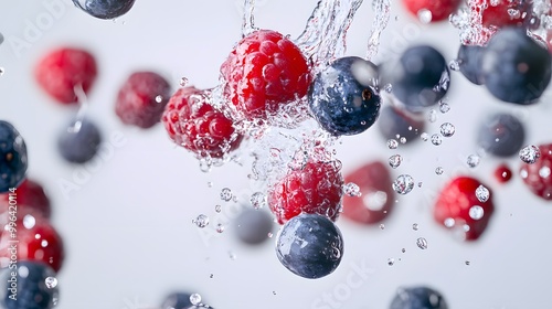 Fresh berries in freefall captured on a white backdrop