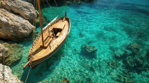 A vintage wooden sailboat anchored in a quiet bay, with crystal clear waters below revealing the sea floor.