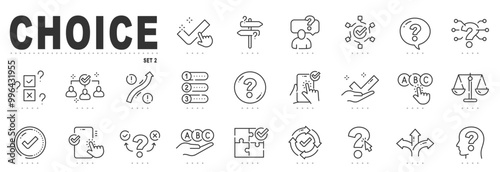 Set of making choice related line icons. Survey, checklist, feedback, option, accept, arrow, way etc. Editable stroke. Set 2