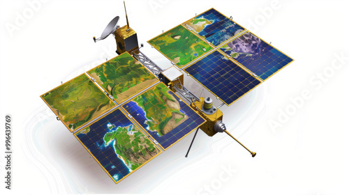 Remote sensing satellites for monitoring land cover changes isolated on white background