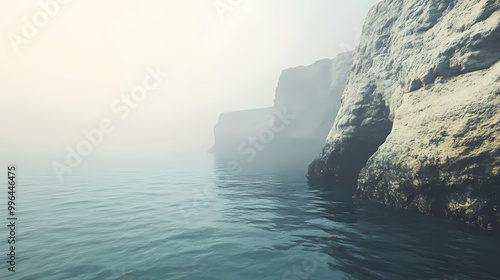 A foggy middle ocean expanse hosts a sizeable body of water adjacent to a rocky cliff. Rocky Cliff. Illustration