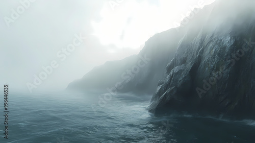 A foggy middle ocean expanse hosts a sizeable body of water adjacent to a rocky cliff. Rocky Cliff. Illustration