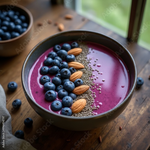 Smoothie bowl with fresh blueberries, almonds, chia seeds, and a vibrant purple smoothie