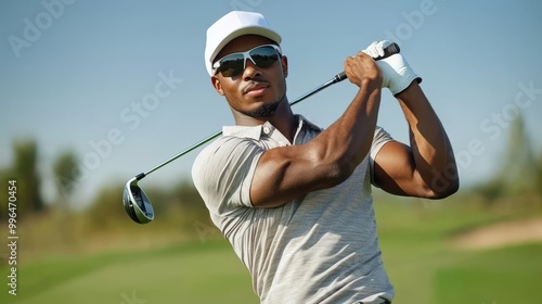 handsome golfer sport man with hat and a beautiful shirt, swinging a club during a sunny day on the course.