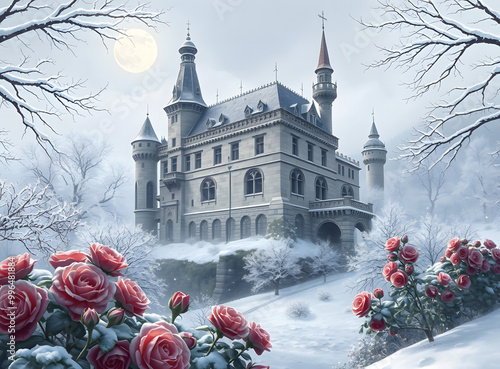 A stunning, detailed illustration of a castle standing majestically in a tranquil winter wonderland, surrounded by softly snow-covered trees with frosted branches and a vibrant winter rose garden, its