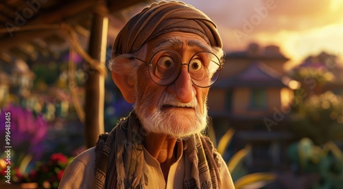 An elderly animated character with glasses, wearing a scarf and showing a surprised expression, set against a vibrant, colorful background.