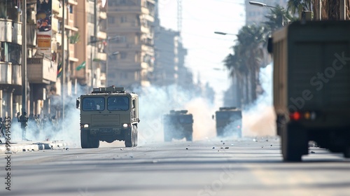 Defiant Protesters Clash with Riot Police - Tense Street Scene Featuring Armored Vehicles and Tear Gas Amidst Organized Resistance