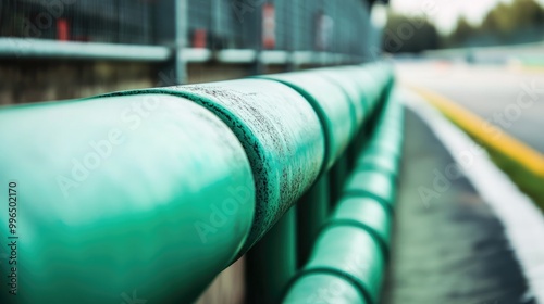 Close up of a green tire barrier used on a motorsport track