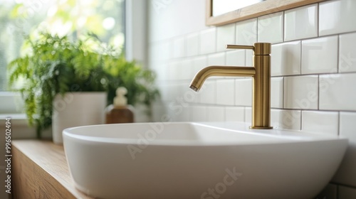 Brushed brass tap mixer set on a wooden vanity with a white basin against a white tiled wall in a contemporary bathroom illuminated by natural light from a nearby window