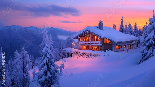 A snow-covered ski lodge in the mountains at sunset