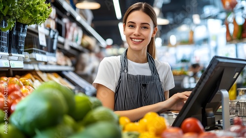 Smiling Grocery Store Cashier at Checkout Counter.