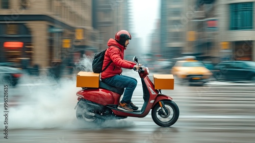 A delivery rider on a red scooter speeding through a busy city street, showcasing urban transportation and modern logistics.