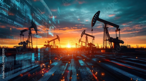 Industrial oil pumps silhouetted against a vibrant sunset with a digital overlay, symbolizing technology in the energy sector.