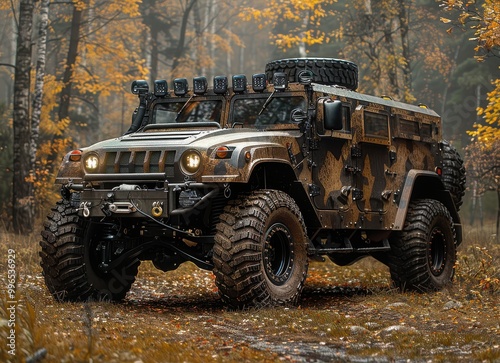 Armored military vehicle in forest setting during autumn