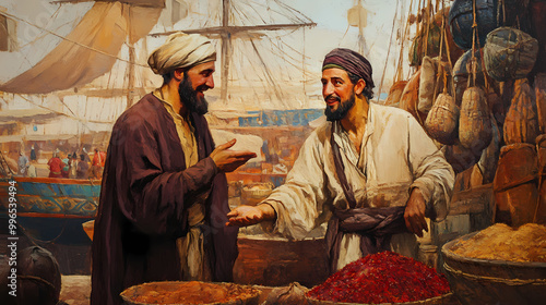 Oil painting, sailor, bargaining, spices, silk road port, interactions, historical art, rich textures, exotic aromas, ancient commerce, trade winds. Silk Road Traders. Illustration