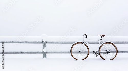 A minimalist scene featuring a white bicycle parked beside a snow-covered railing, evoking winter tranquility and stillness.