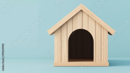 Wooden dog house on blue background, simple design.