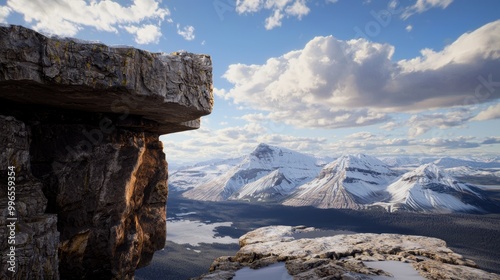 Expansive mountain landscape with rocky cliffs and snowy peaks under a blue sky dotted with clouds.