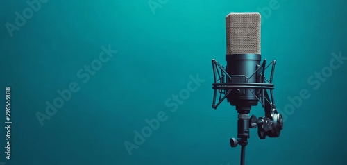 A professional microphone setup in a recording studio, showcasing a modern design and high-quality sound equipment against a vibrant teal background.