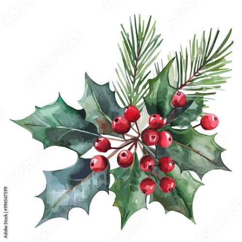 Watercolor Christmas Holly berry, branch with red berries and green leaves, holly on an isolated white background, watercolor illustration, hand drawing, Watercolor Christmas red Holly berry