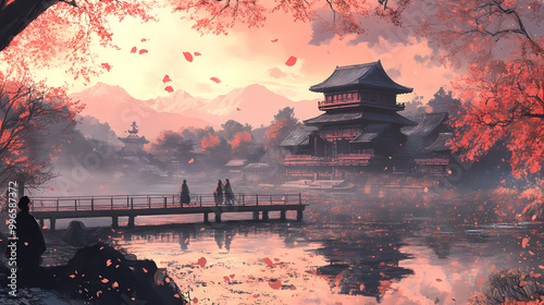 Romanticized feudal japan scenery. Feudal Japan. Illustration