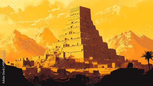 Silhouette of the tower of babel, biblical language story. Ancient Mesopotamia. Illustration