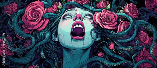 Surreal 2d illustration featuring a screaming girl intertwined with tentacles roses and a Venus flytrap Ideal for cards posters banners t shirts textiles labels and coloring books