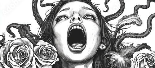 2d illustration featuring a screaming girl surrounded by tentacles roses and a Venus flytrap Surrealistic tattoo artwork suitable for cards posters banners t shirt prints textiles labels or colori