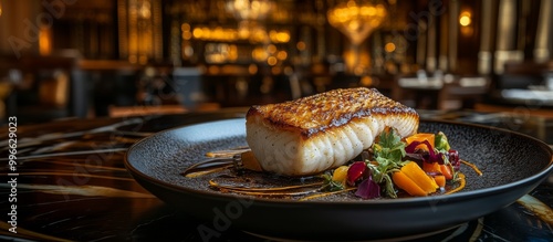 Un filete de pescado frito servido con una guarnición de verduras en un elegante restaurante, resaltando una presentación refinada y deliciosa.