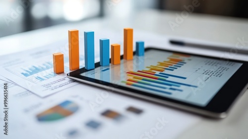 A tablet displaying colorful graphs and charts alongside printed reports on a table.