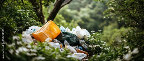 Eco-Crisis Closeup of Polluted Paradise with Discarded Yellow Inflatable Toy Amongst Green Foliage - Environmental Concept