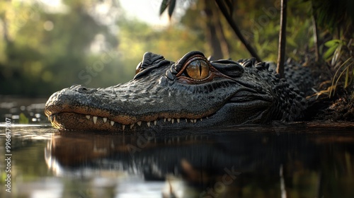 A photorealistic image of a caiman resting at the water's edge, partially submerged with only its eyes above the surface.