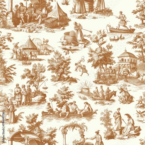 Vintage pastoral toile pattern with scenes of countryside activities, featuring people in various settings, sepia tone.