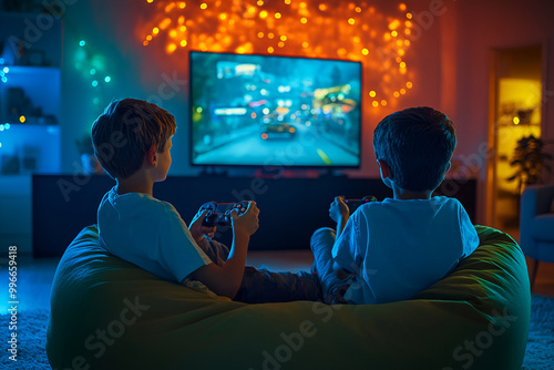 Two boys playing video games on a large screen while sitting on a bean bag in a cozy room with colorful lighting