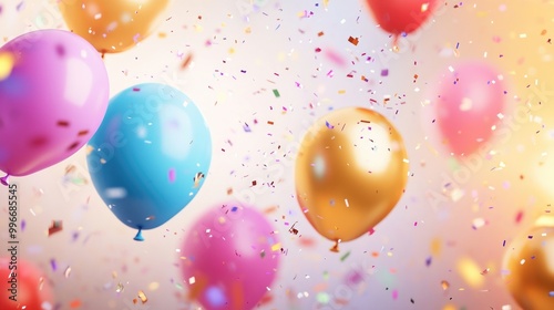 Blurred festive background featuring balloons and confetti