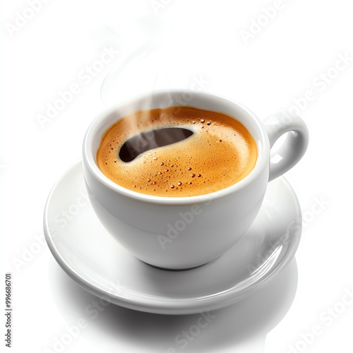 Steaming cup of espresso coffee in white cup and saucer, white background