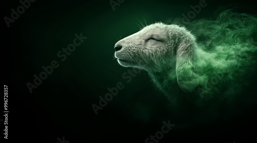  A tight shot of a sheep's face with green smoke emanating from its eyes against a backdrop of black