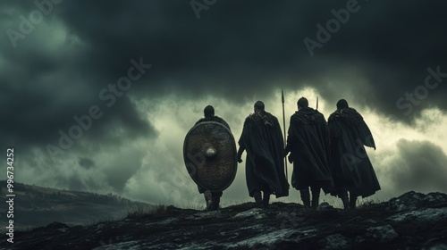 Celtic warriors defending their homeland under a dark sky