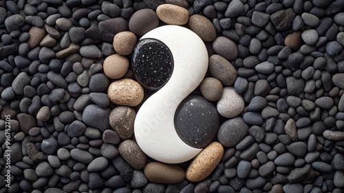 A Zen meditation background with stones arranged in a Yin Yang symbol, which stands for spiritual harmony, balance, and relaxation